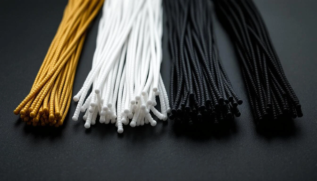 Macro comparison of different tennis string types — natural gut, polyester, nylon, and kevlar side by side