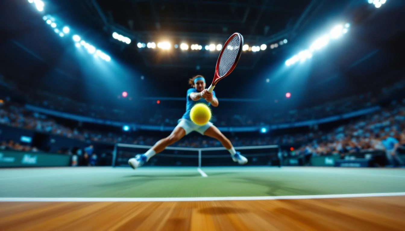 Professional tennis player mid-swing on a hard court with dramatic stadium lighting